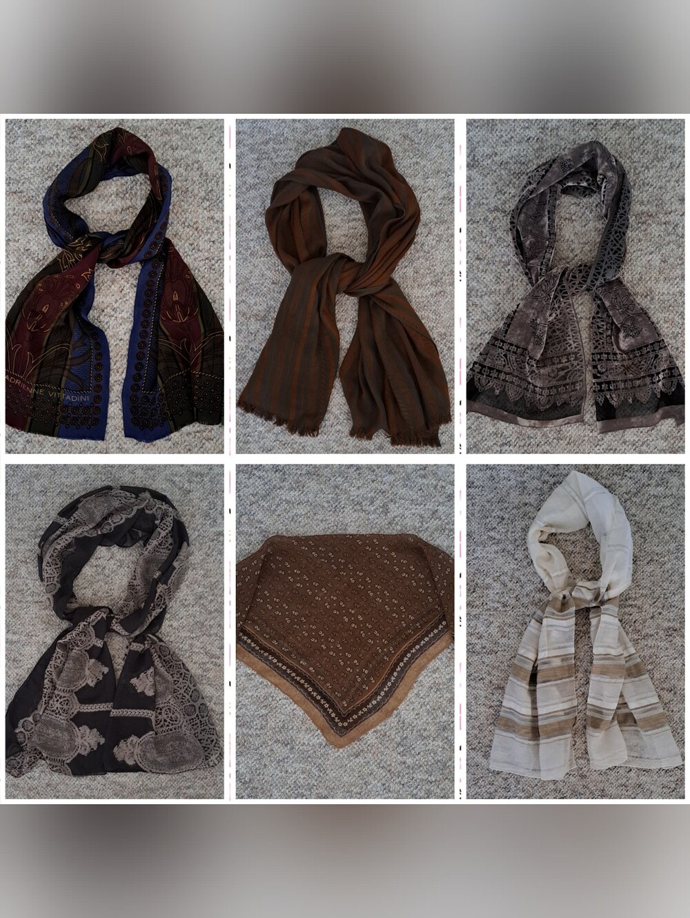 Mixed Scarf Lot - Brown, Gray, Blue, Cream Patterns